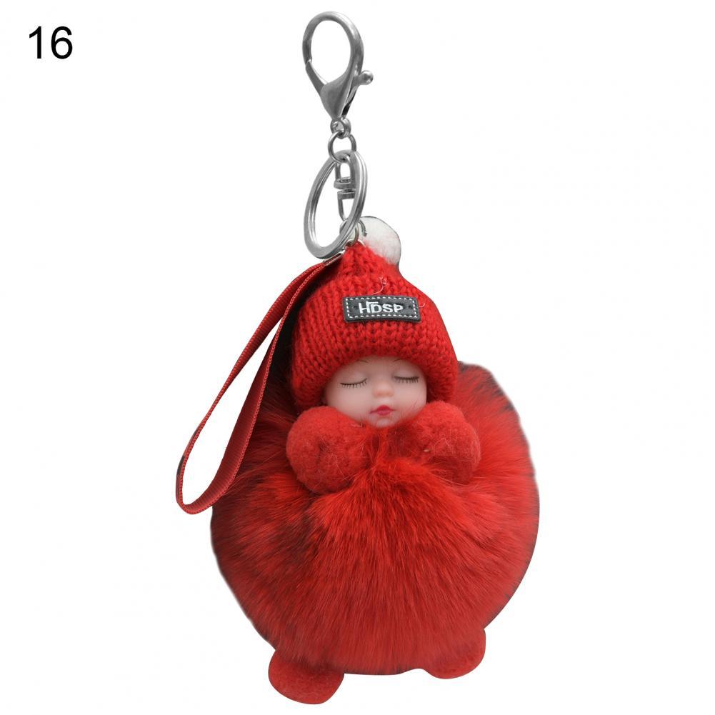 Pompom Sleeping Baby Keychain Cute Fluffy Plush Doll Fashion Multi-colored Knitted Hat Wear Cars Key Ring Gift for Women-baby keychain-16-All10dollars.com