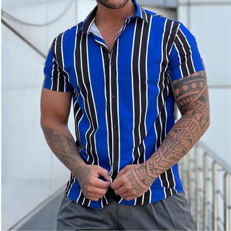 Fashion Stripes Gents Summer Shirt-Mens Short Sleeved Shirt linen-blue 3-S-All10dollars.com