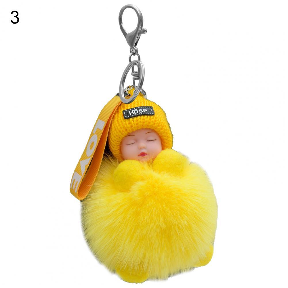 Pompom Sleeping Baby Keychain Cute Fluffy Plush Doll Fashion Multi-colored Knitted Hat Wear Cars Key Ring Gift for Women-baby keychain-3-All10dollars.com