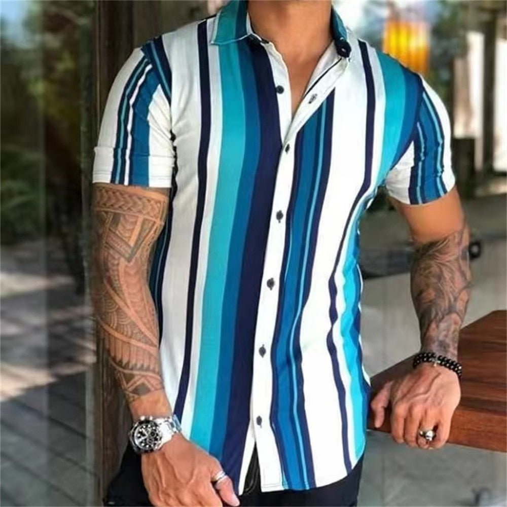 Fashion Stripes Gents Summer Shirt-Mens Short Sleeved Shirt linen-blue 1-4XL-All10dollars.com
