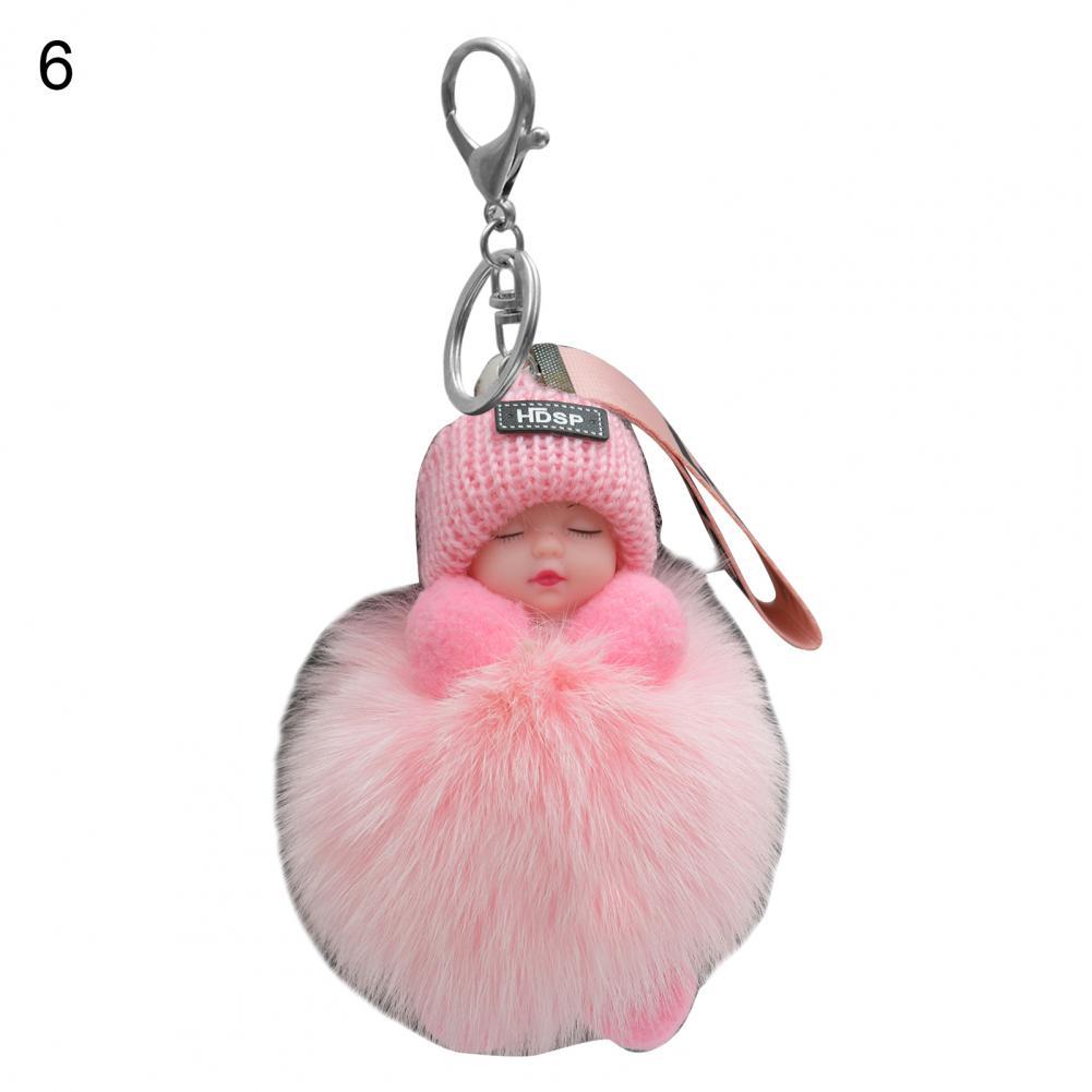 Pompom Sleeping Baby Keychain Cute Fluffy Plush Doll Fashion Multi-colored Knitted Hat Wear Cars Key Ring Gift for Women-baby keychain-6-All10dollars.com