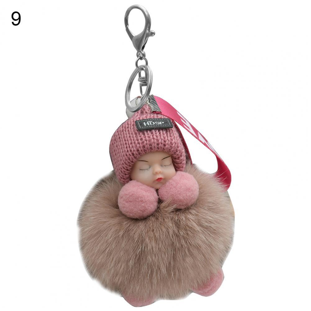 Pompom Sleeping Baby Keychain Cute Fluffy Plush Doll Fashion Multi-colored Knitted Hat Wear Cars Key Ring Gift for Women-baby keychain-9-All10dollars.com