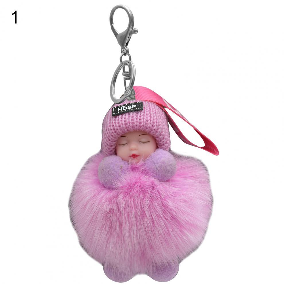 Pompom Sleeping Baby Keychain Cute Fluffy Plush Doll Fashion Multi-colored Knitted Hat Wear Cars Key Ring Gift for Women-baby keychain-1-All10dollars.com