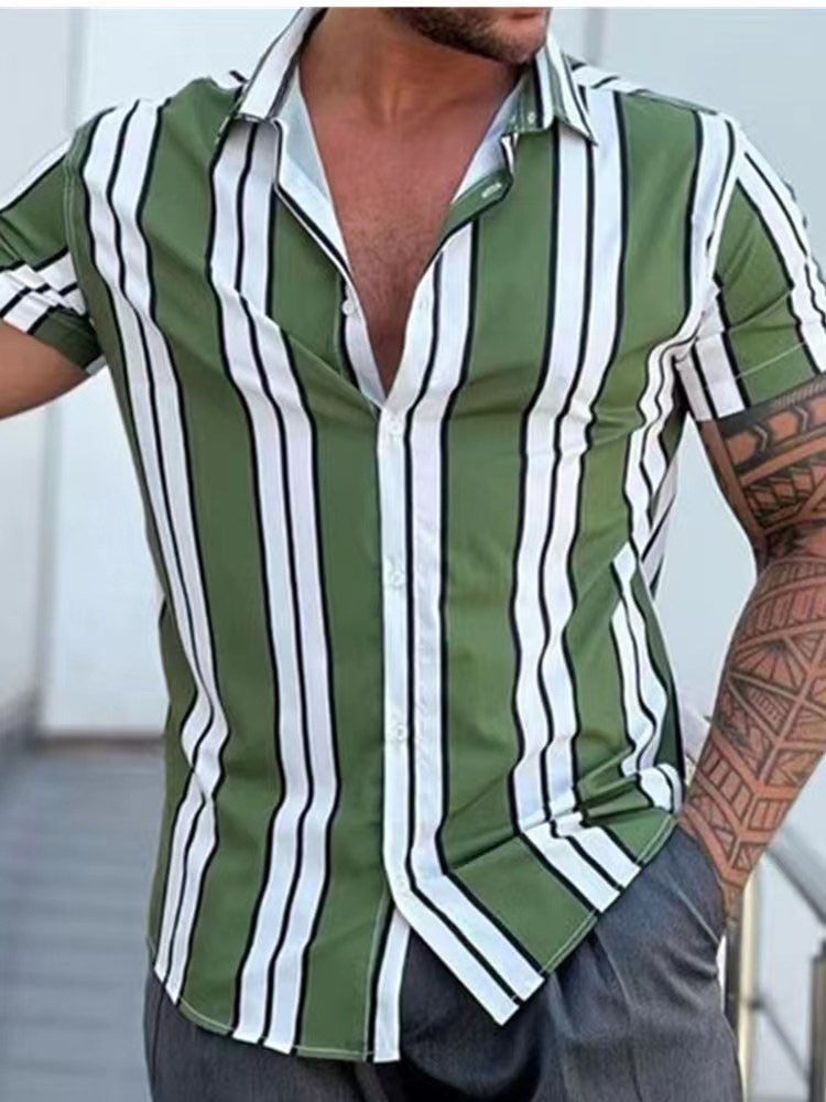 Fashion Stripes Gents Summer Shirt-Mens Short Sleeved Shirt linen-green 1-S-All10dollars.com