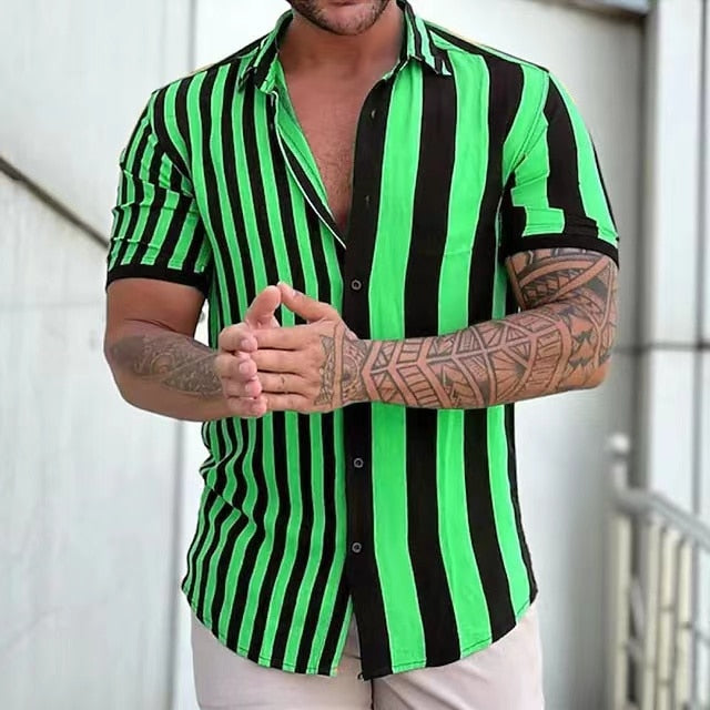 Fashion Stripes Gents Summer Shirt-Mens Short Sleeved Shirt linen-green-S-All10dollars.com