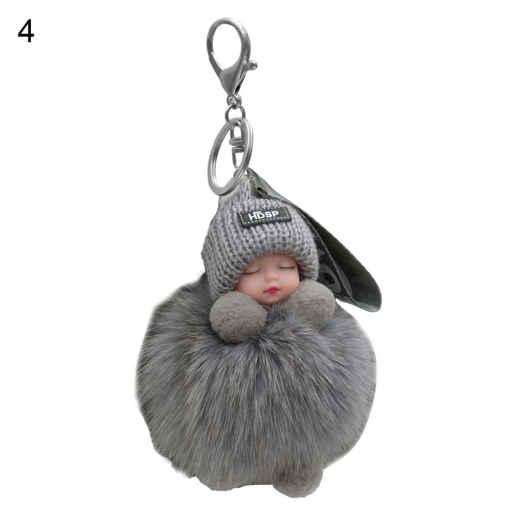 Pompom Sleeping Baby Keychain Cute Fluffy Plush Doll Fashion Multi-colored Knitted Hat Wear Cars Key Ring Gift for Women-baby keychain-4-All10dollars.com