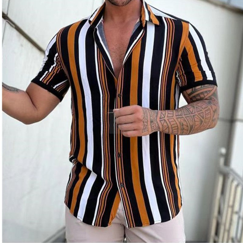 Fashion Stripes Gents Summer Shirt-Mens Short Sleeved Shirt linen-brown-XL-All10dollars.com