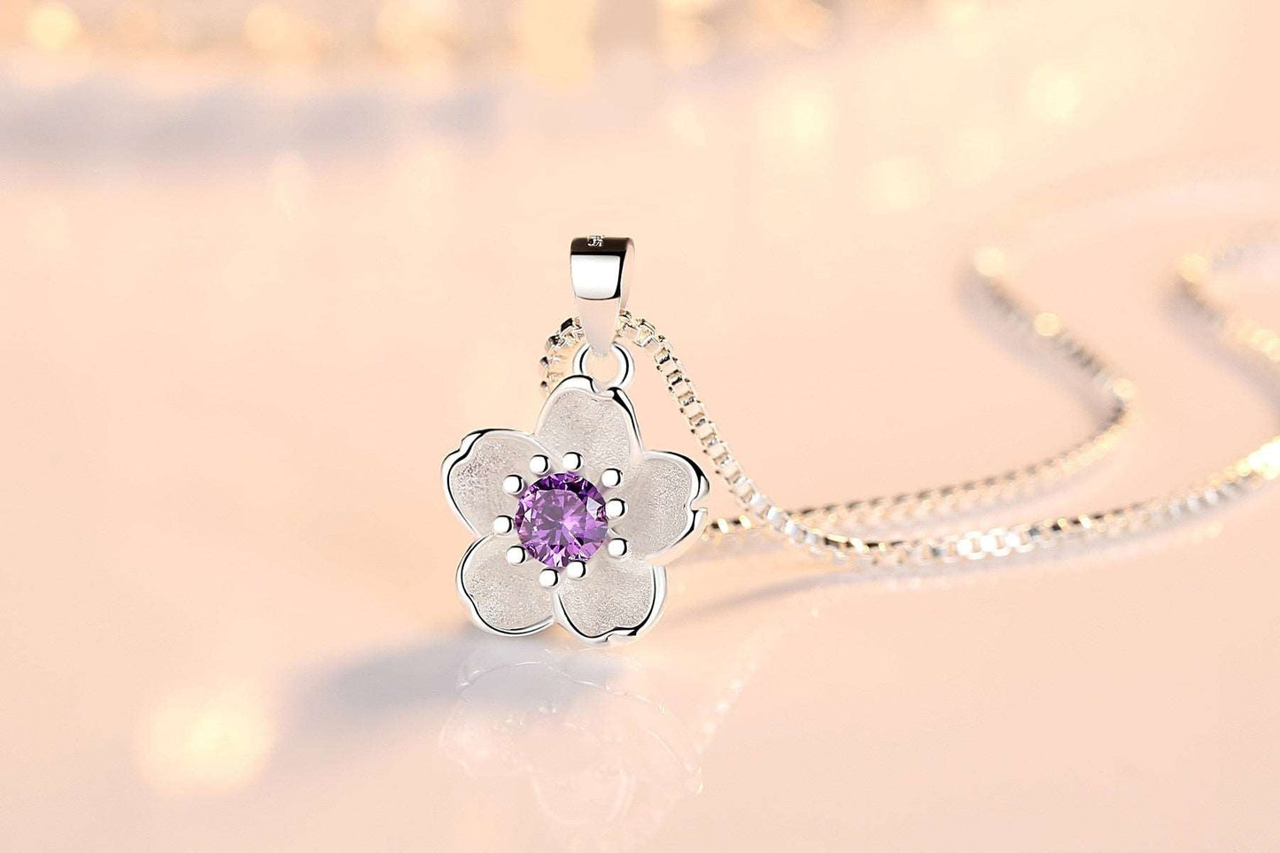 925 Sterling Silver Jewelry Pink Crystal Zircon Flower Pendant Necklace-925 sterling silver necklace-purple-All10dollars.com