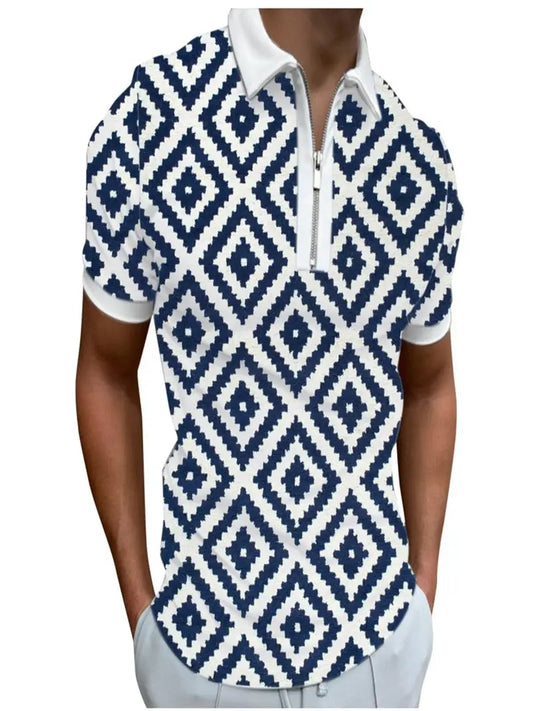 London Blue and White Print Short Sleeve Polo Shirt-Polo Shirt-S(36)-All10dollars.com