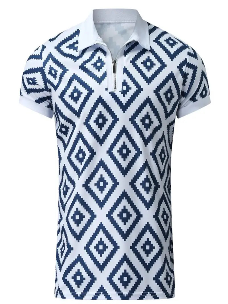 London Blue and White Print Short Sleeve Polo Shirt-Polo Shirt-All10dollars.com
