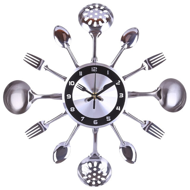 Stainless Steel Kitchen Utensils Cutlery Wall Clock-silver black 35cm-All10dollars.com