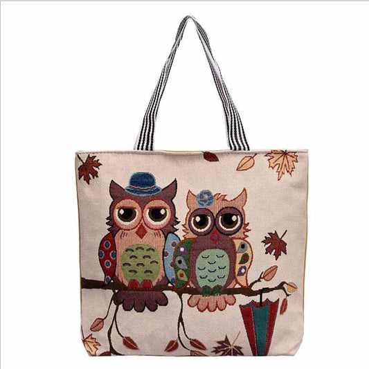 Shopping Handbag Women Girls Canvas Large Owl Print-canvas handbag-All10dollars.com