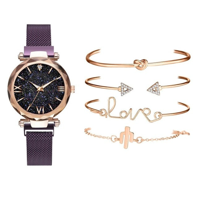 5pcs Set Luxury Women Watches Magnetic Starry Sky Wristwatch Fashion Ladies Wrist Watch-Watches-Purple 5pcs Set-All10dollars.com