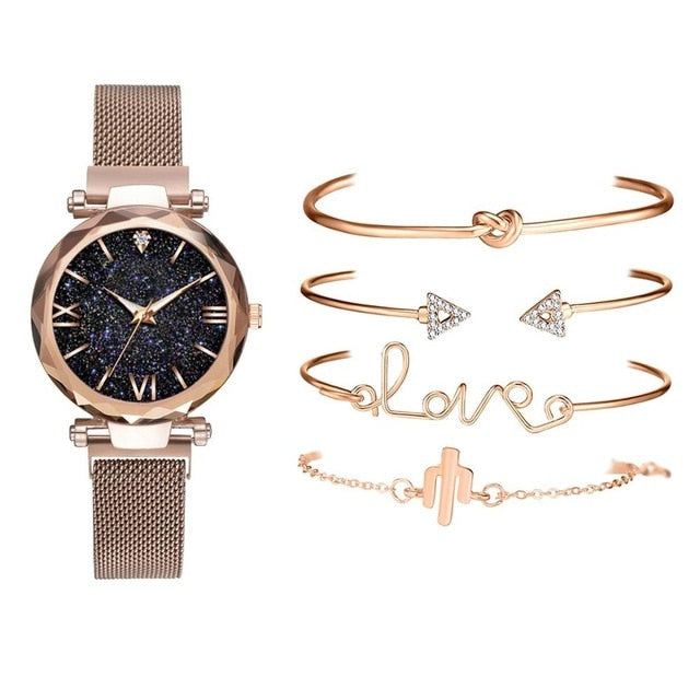 5pcs Set Luxury Women Watches Magnetic Starry Sky Wristwatch Fashion Ladies Wrist Watch-Watches-Rose Gold 5pcs Set-All10dollars.com