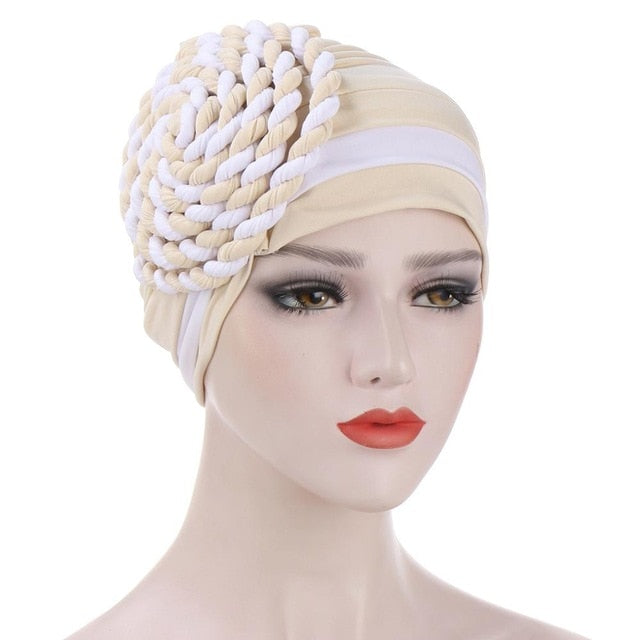 Braided turban bonnet head - Twisty-African Braids Turbans for woman-beige and white-All10dollars.com