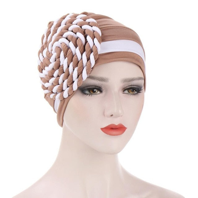 Braided turban bonnet head - Twisty-African Braids Turbans for woman-brown and white-All10dollars.com
