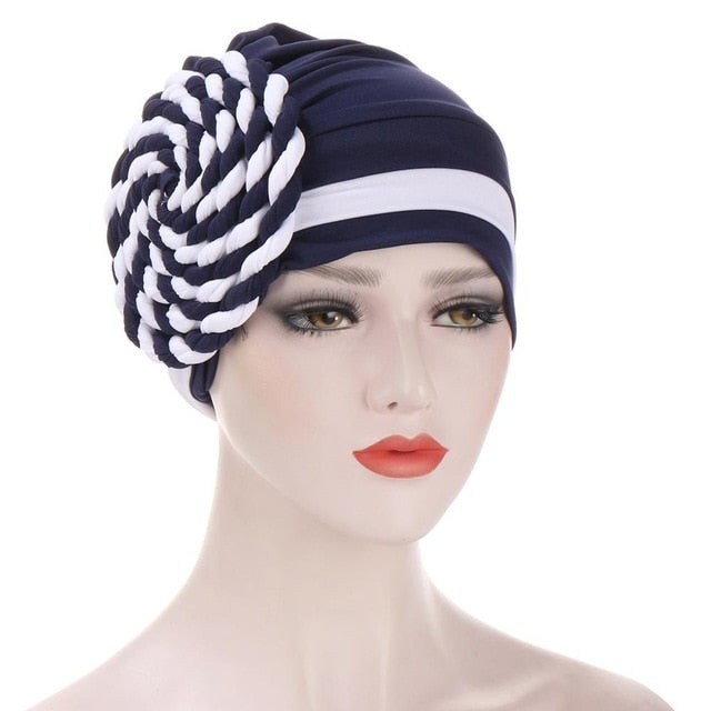 Braided turban bonnet head - Twisty-African Braids Turbans for woman-navy and white-All10dollars.com