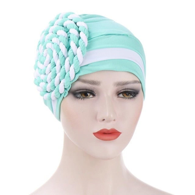Braided turban bonnet head - Twisty-African Braids Turbans for woman-mint green and white-All10dollars.com