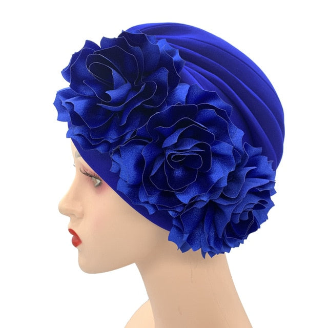 Women's Turban Caps Big Flowers Headscarf Wedding Party Hat-headscarf-blue-All10dollars.com