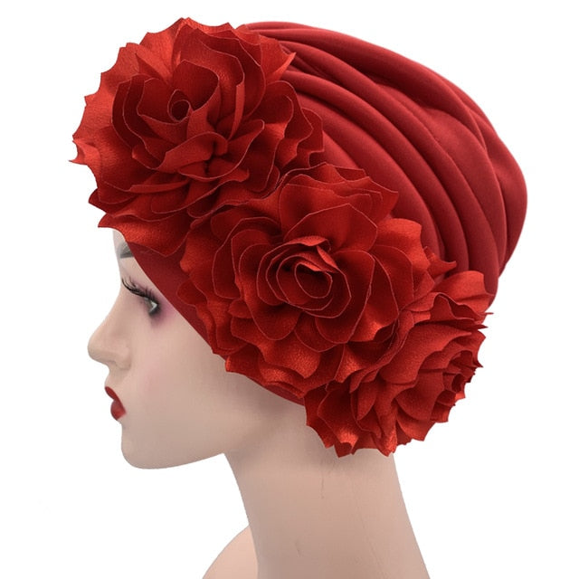 Women's Turban Caps Big Flowers Headscarf Wedding Party Hat-headscarf-red-All10dollars.com
