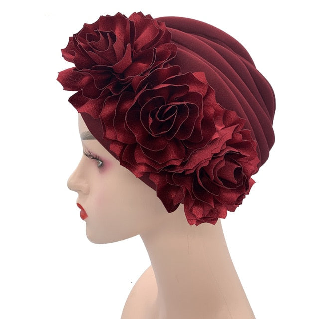 Women's Turban Caps Big Flowers Headscarf Wedding Party Hat-headscarf-wine red-All10dollars.com