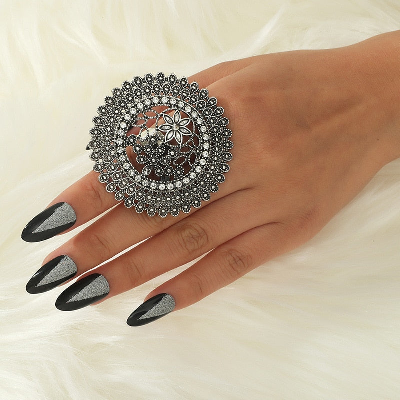 Vintage Antique Big Silver Women-Midi-Rings Engraved Flower Pattern Retro Finger Ring Stylish Indian Jewelry-All10dollars.com