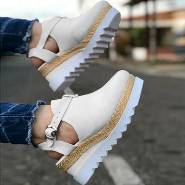 Women's Sandals Vintage Wedge Buckle Strap Flats Platform Closed Toes Shoes-closed toe shoes-Beige-35-All10dollars.com