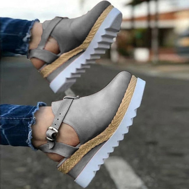 Women's Sandals Vintage Wedge Buckle Strap Flats Platform Closed Toes Shoes-closed toe shoes-Gray-35-All10dollars.com
