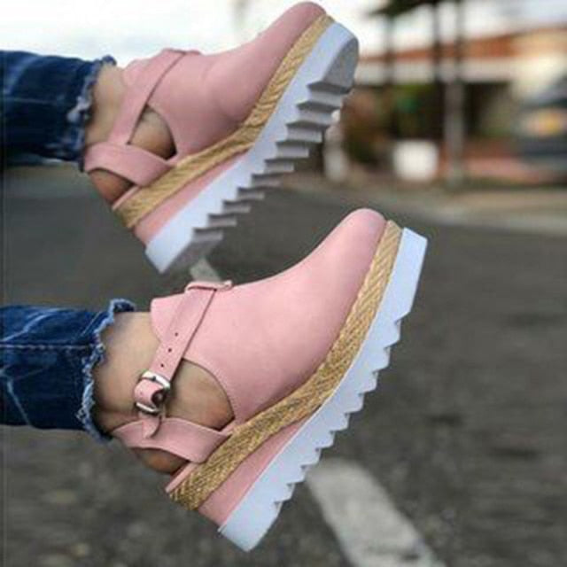 Women's Sandals Vintage Wedge Buckle Strap Flats Platform Closed Toes Shoes-closed toe shoes-Pink-35-All10dollars.com