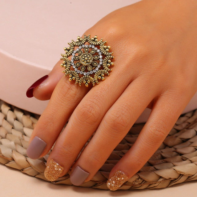 Vintage Antique Big Silver Women-Midi-Rings Engraved Flower Pattern Retro Finger Ring Stylish Indian Jewelry-Resizable-g 3-All10dollars.com