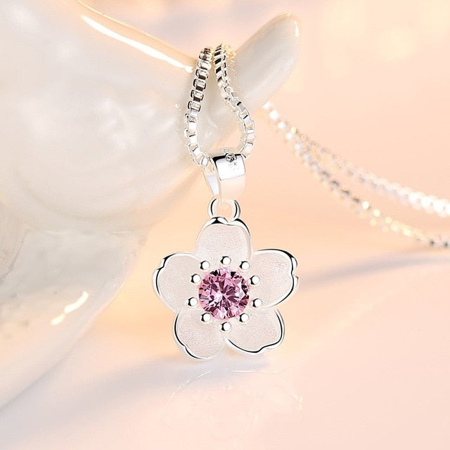 925 Sterling Silver Jewelry Pink Crystal Zircon Flower Pendant Necklace-925 sterling silver necklace-pink-All10dollars.com