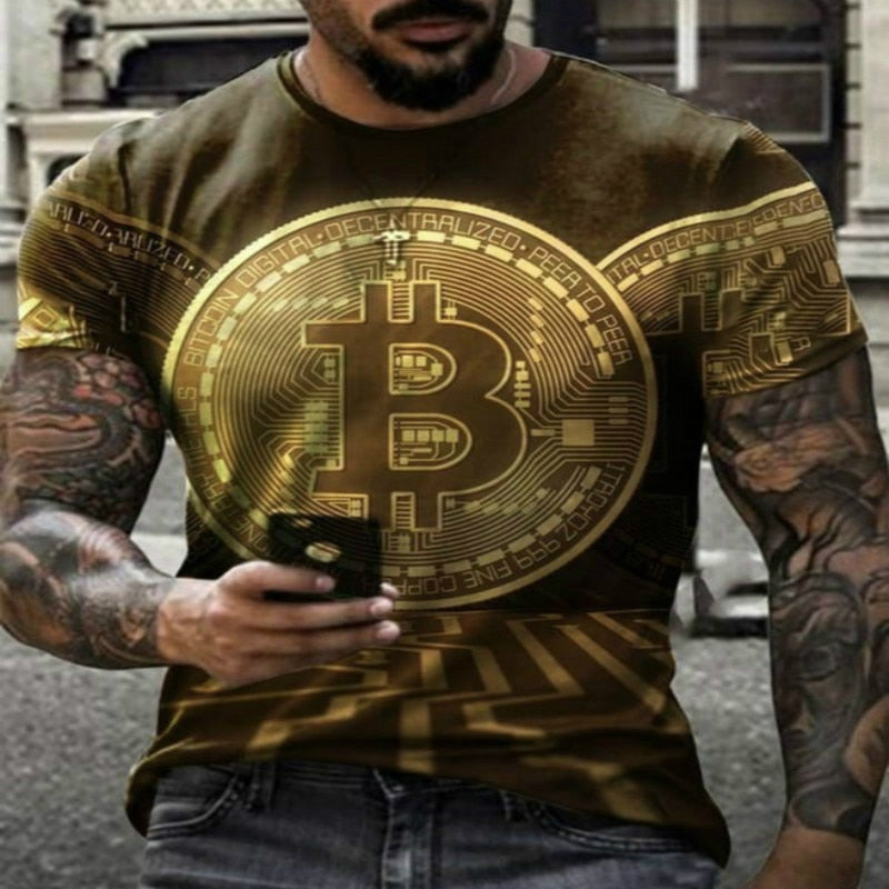 Men's 3D Bitcoin Printed T-shirt, O-neck Short Sleeve.-men top-All10dollars.com
