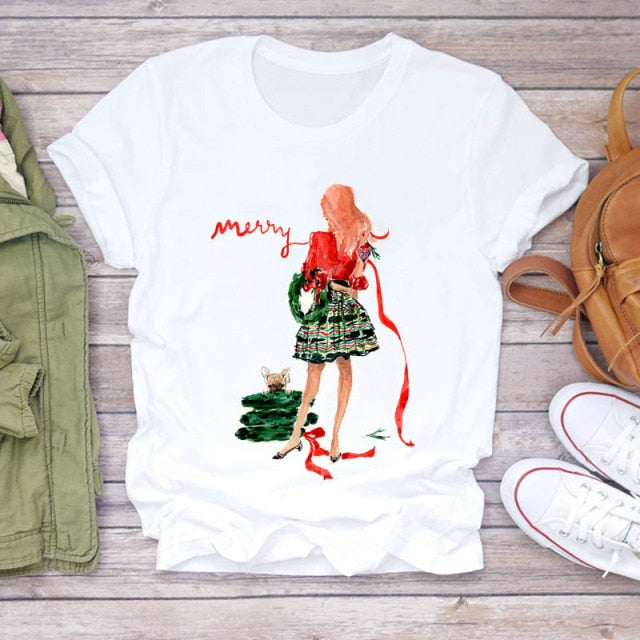 Women Holiday Christmas Print Lady T-shirts Tops-christmas tops-CZ23518-S-All10dollars.com