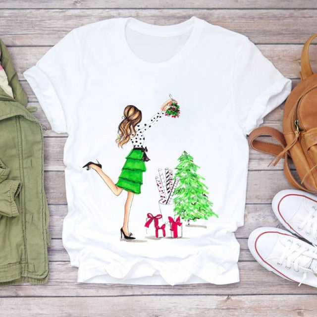 Women Holiday Christmas Print Lady T-shirts Tops-christmas tops-CZ23525-S-All10dollars.com