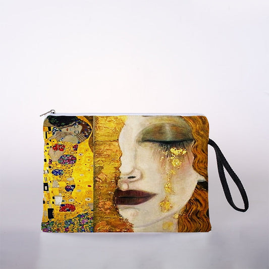 Golden oil painting cosmetic bag ladies mini storage bag travel handbag-All10dollars.com