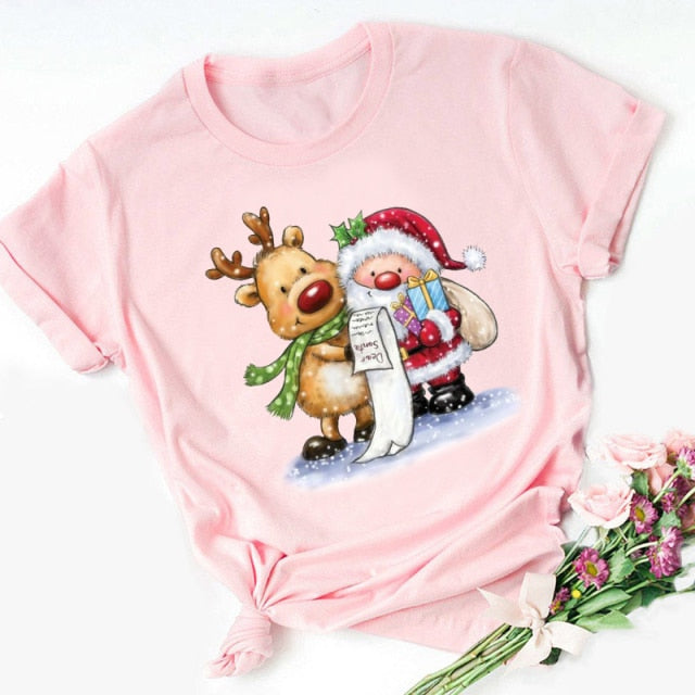 Christmas Cartoon Printed Tops Women and Women T Shirt-christmas tees-19102-Pink-Wudian-XXXL-All10dollars.com