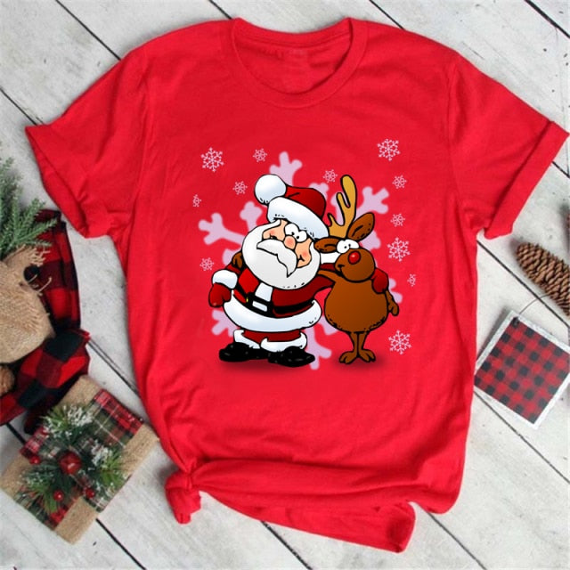 Christmas Cartoon Printed Tops Women and Women T Shirt-christmas tees-2237-Red-XL-All10dollars.com
