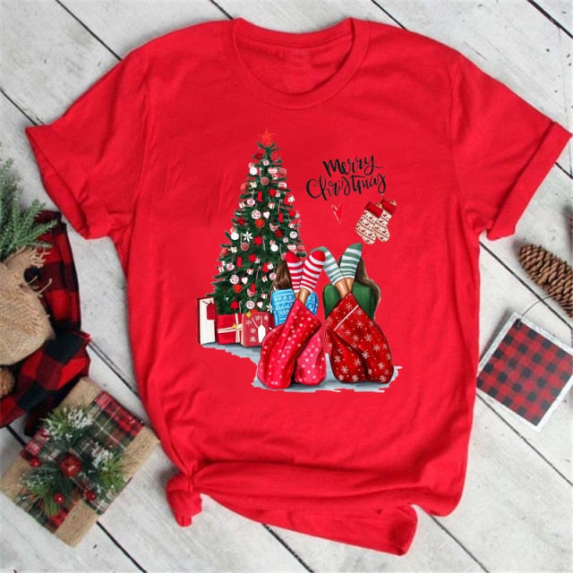 Christmas Cartoon Printed Tops Women and Women T Shirt-christmas tees-17110-Red-M-All10dollars.com