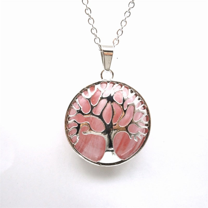 Tree of Life Necklaces Round Quartz White Crystal Tiger Eye Opal Pendants Jewelry-tree of life necklace-All10dollars.com