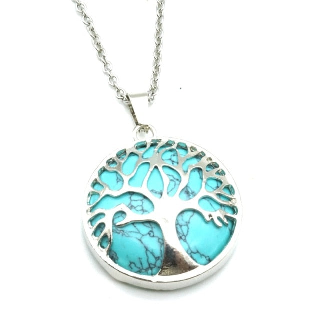Tree of Life Necklaces Round Quartz White Crystal Tiger Eye Opal Pendants Jewelry-tree of life necklace-green imitation-45cm-All10dollars.com
