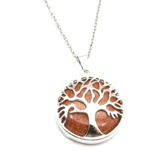 Tree of Life Necklaces Round Quartz White Crystal Tiger Eye Opal Pendants Jewelry-tree of life necklace-gold sand imitation-45cm-All10dollars.com