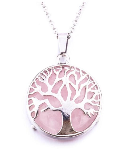 Tree of Life Necklaces Round Quartz White Crystal Tiger Eye Opal Pendants Jewelry-tree of life necklace-pink-45cm-All10dollars.com