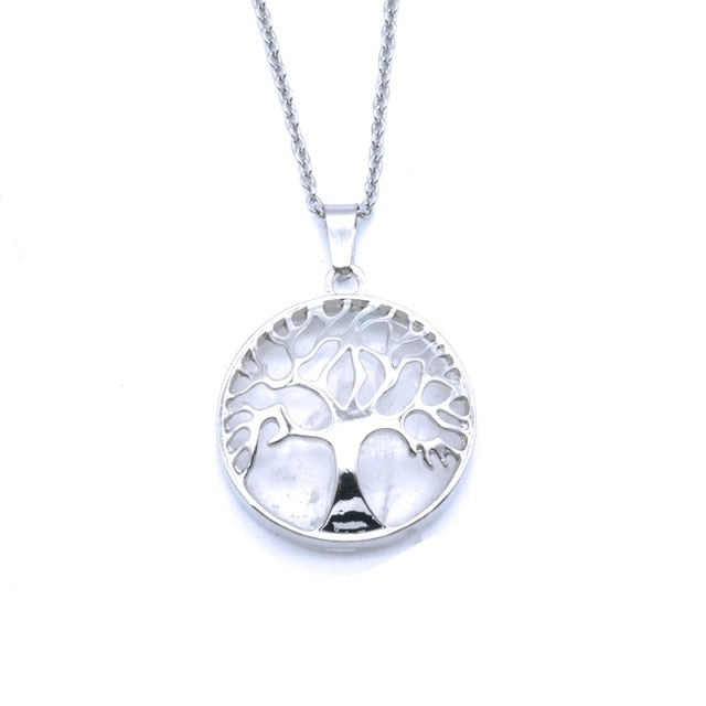 Tree of Life Necklaces Round Quartz White Crystal Tiger Eye Opal Pendants Jewelry-tree of life necklace-Transparent-45cm-All10dollars.com