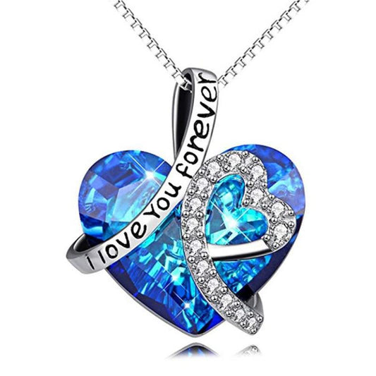 Trendy I Love You Forever Letter Heart Pendant Necklace Women Elegant Blue Cubic Zircon Women's Necklace Wedding Jewelry-heart necklace-All10dollars.com